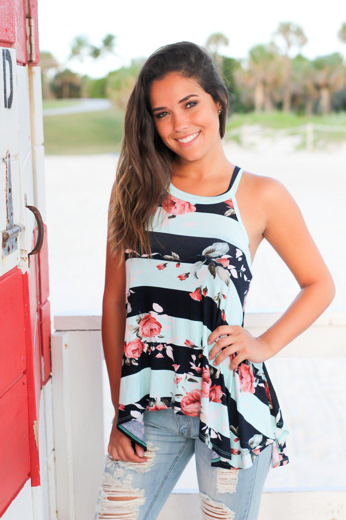 Stylish Mint, Navy Floral Striped Sleeveless Racerback Top
