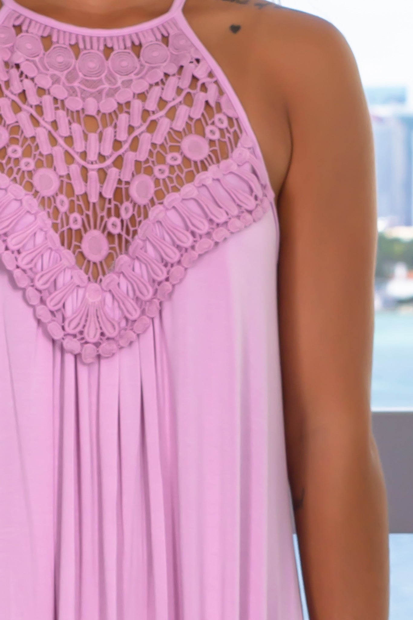 Stylish Blush-colored Crochet Neckline Halter Top Maxi Dress with Slits