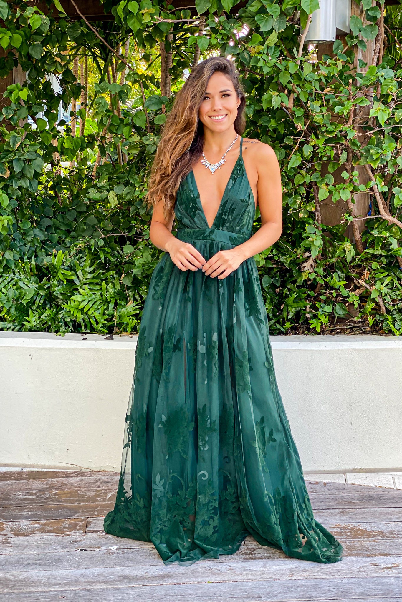 Elegant Hunter Green Floral Printed Tulle Maxi Dress with Stylish Criss Cross Back