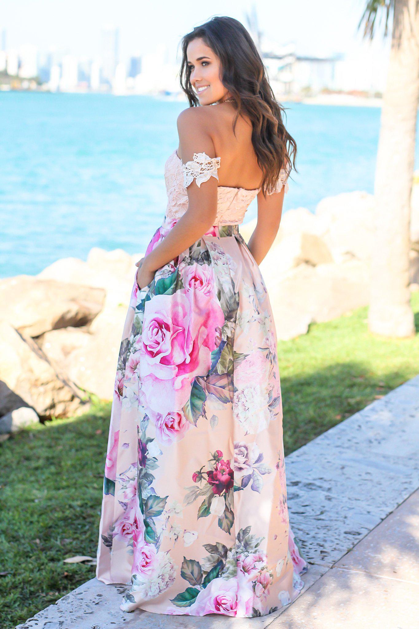 Elegant Blush Floral Off-Shoulder Maxi Dress with Crochet Trim
