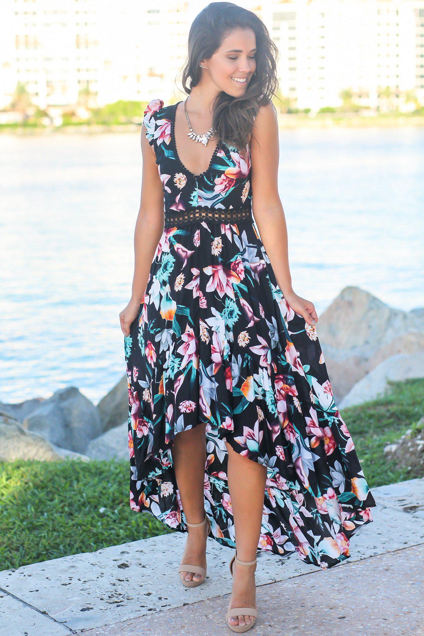 Stunning Black Floral High Low Women's Dress Featuring Crochet Open Back Design