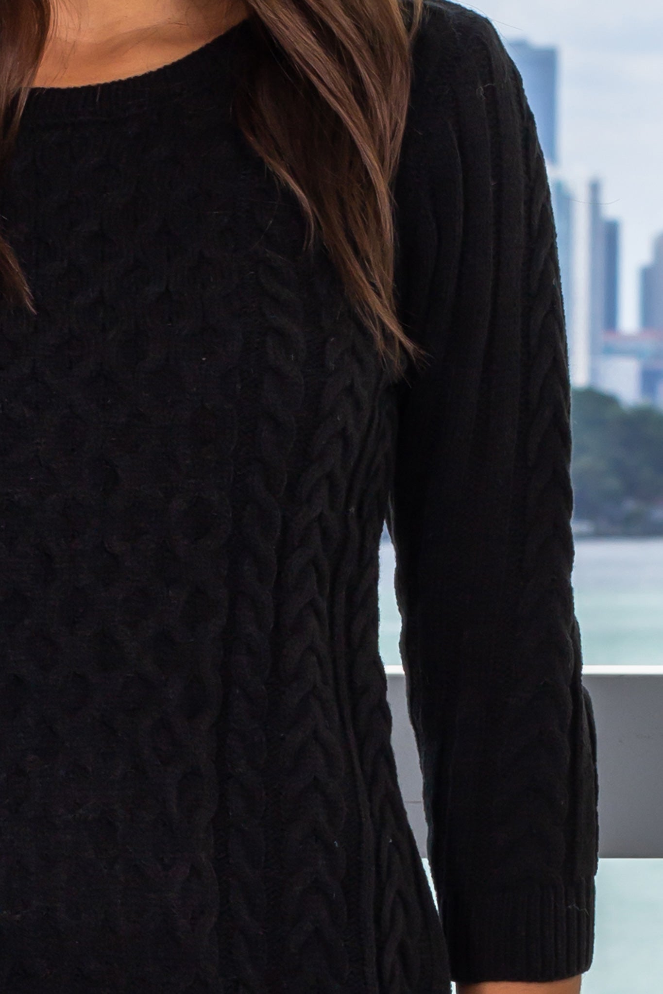 Stylish Women's Black Knitted Sweater Dress with Three - Quarter Sleeves