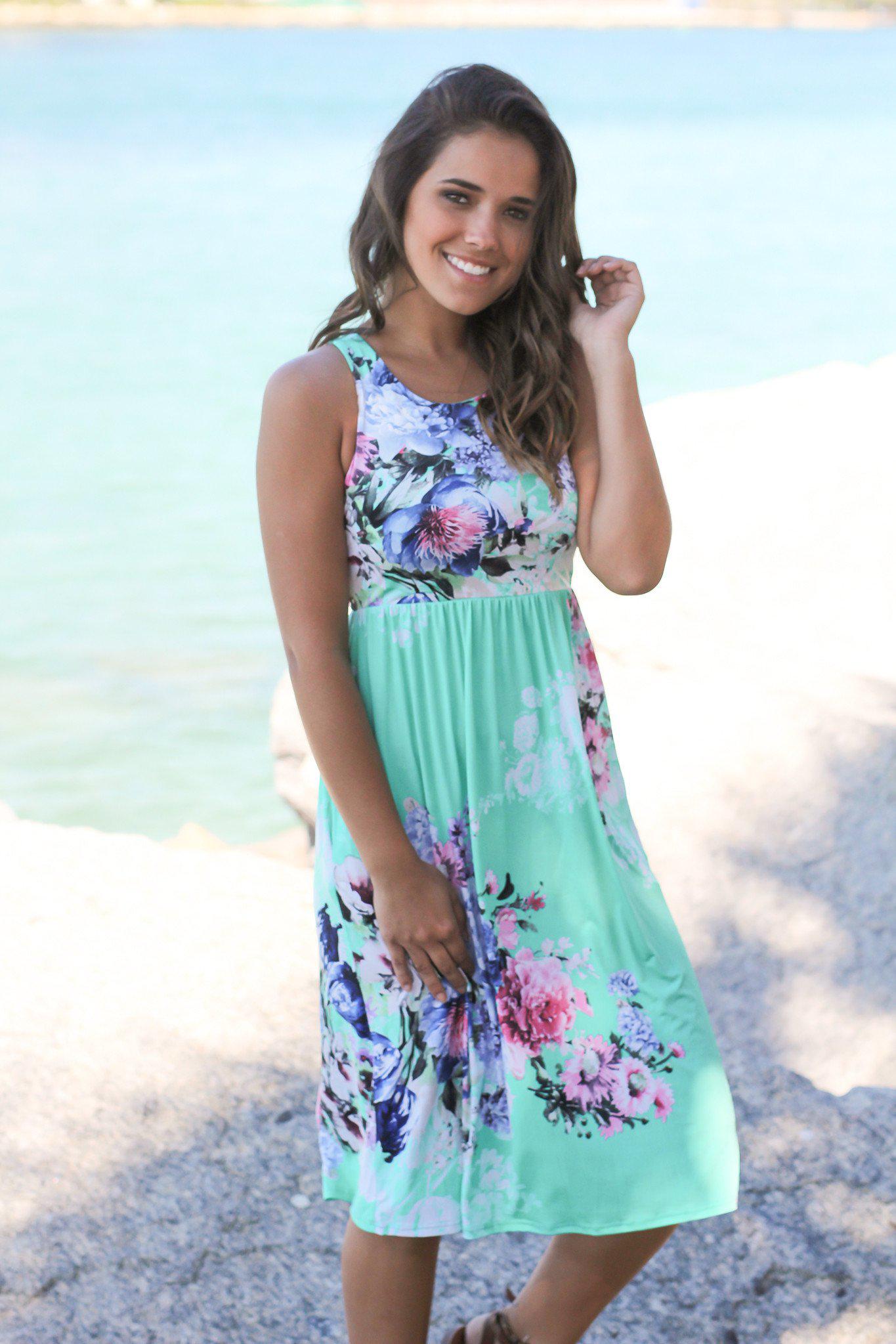 Adorable Mint Floral Print Sleeveless Midi Dress with Pockets
