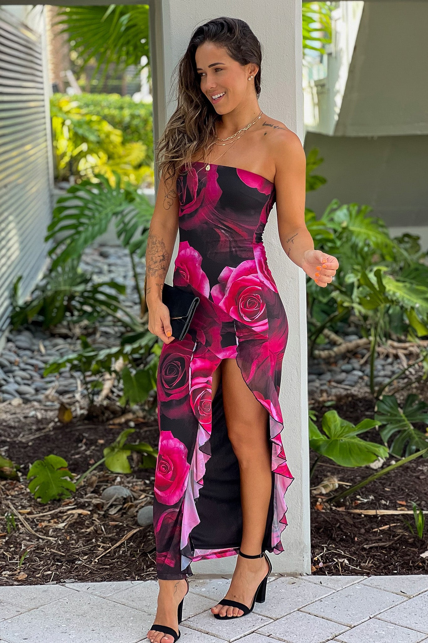 Stunning Black Floral Print Mesh Ruffle Slit Medium-Length Women's Midi Dress