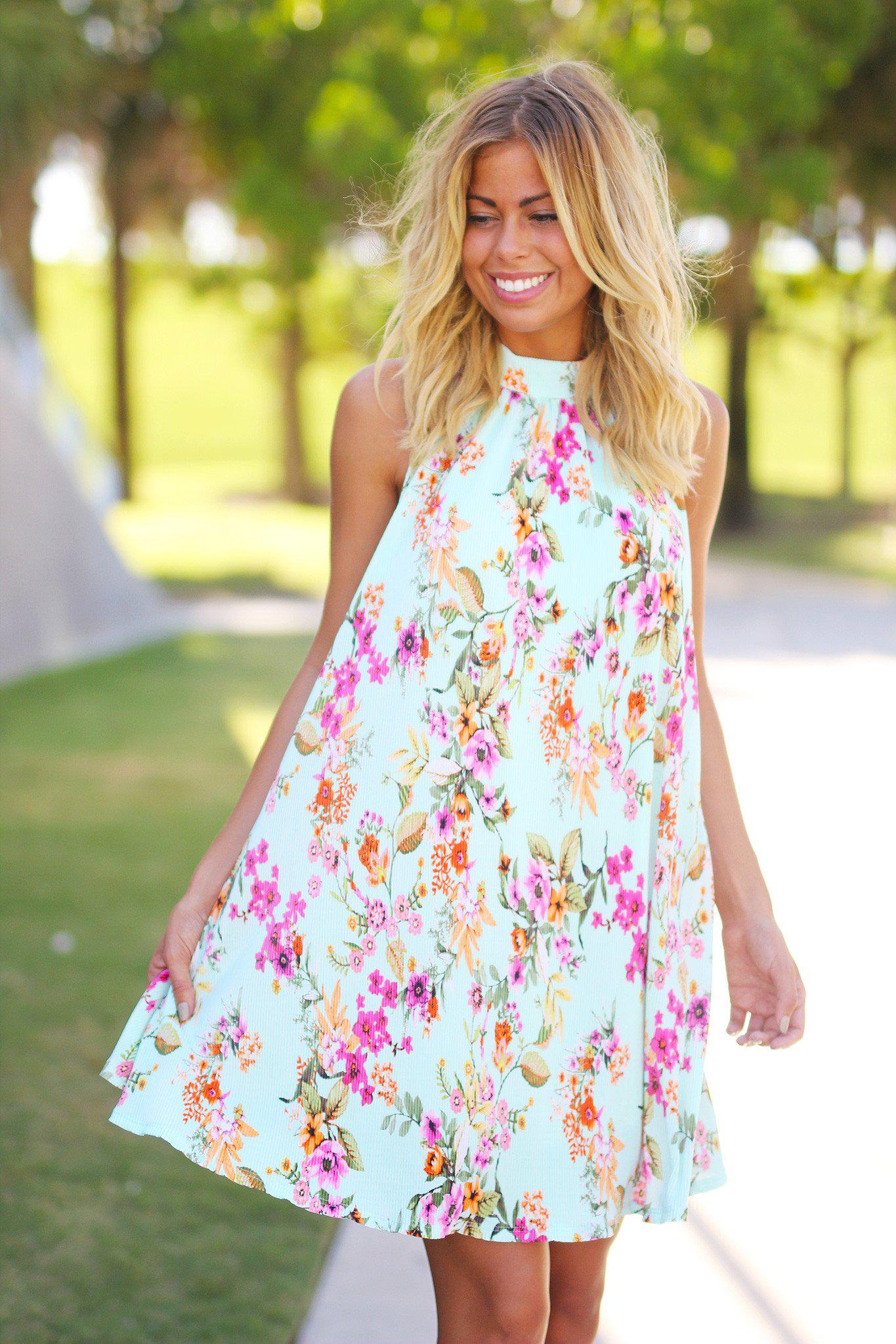 Stylish Mint Floral Loose-Fit Pleated Short Dress