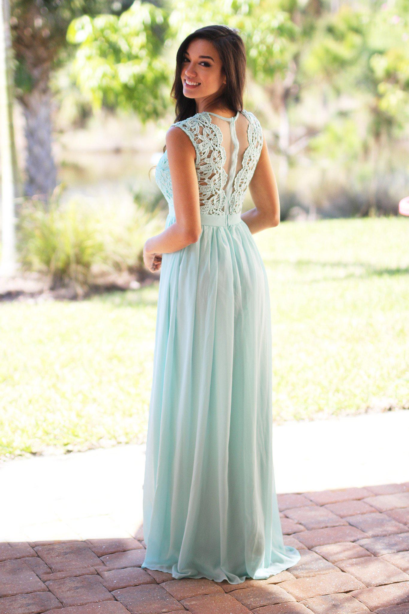 Stunning Mint Green Crochet Design Maxi Dress with Elegant Tulle Back for Special Occasions
