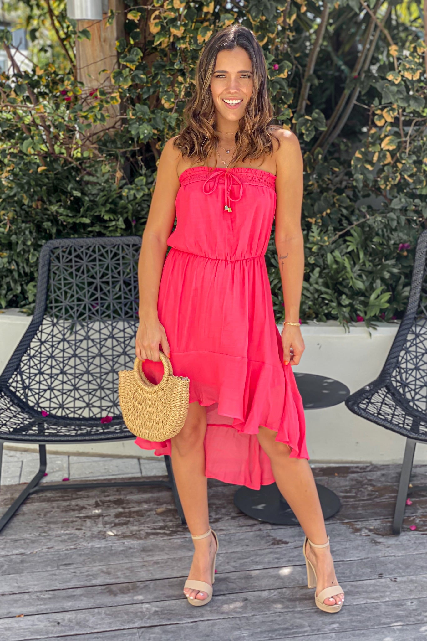 Gorgeous Coral Strapless High-Low Evening Dress