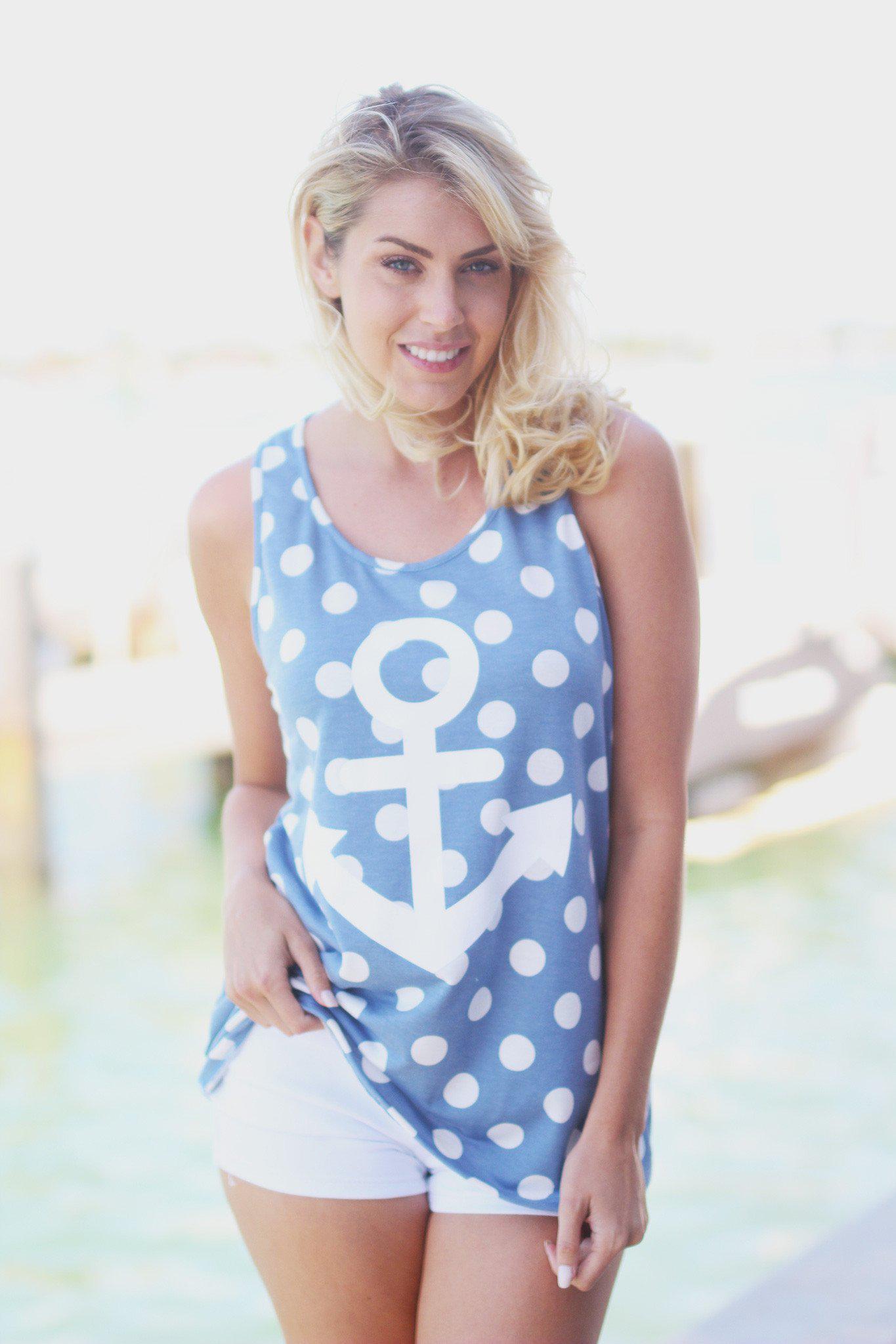 Adorable Light Blue and White Polka Dot Anchor Summer Tank Top
