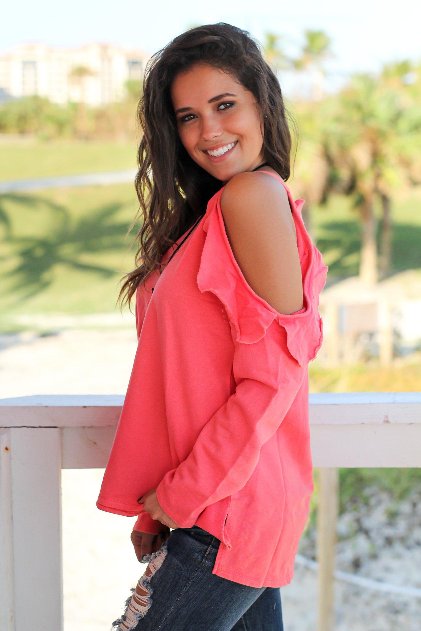 Fashionable Coral Cold Shoulder Women's Top with Ruffled Trim