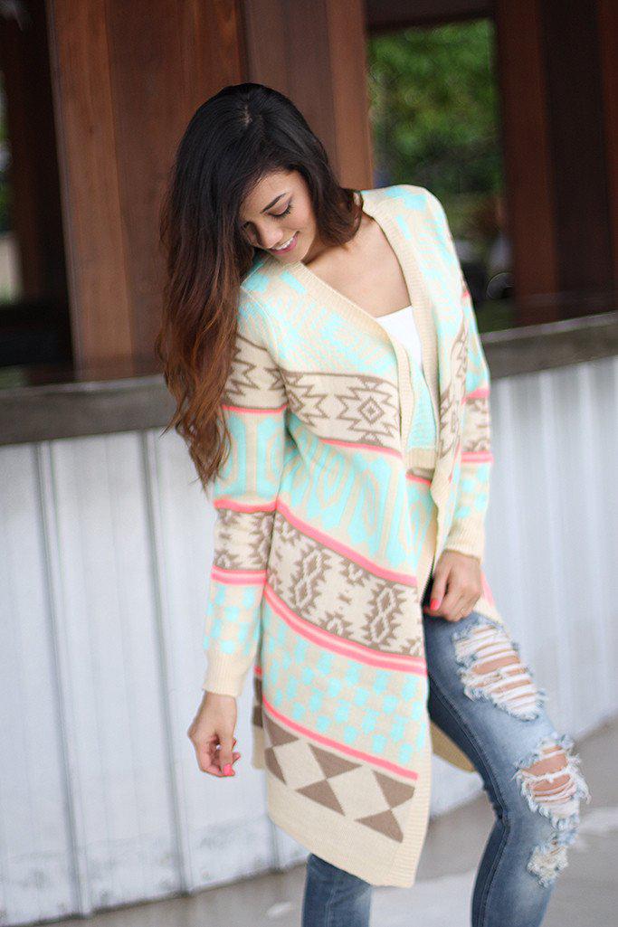 Stylish Cream and Neon Pink Long Knitted Cardigan for Winter
