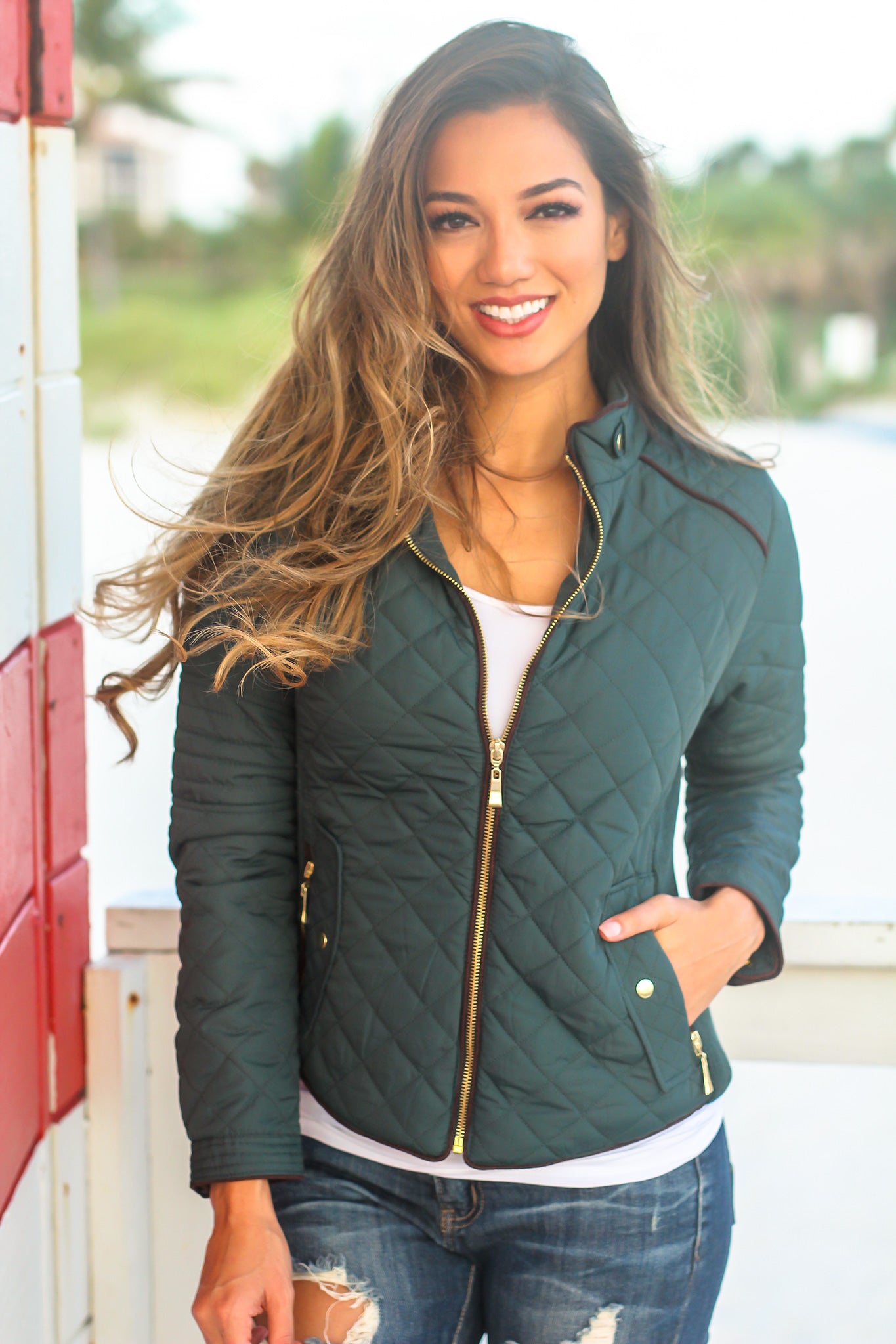 Stylish Hunter Green Polyester Quilted Jacket for Cool Weather