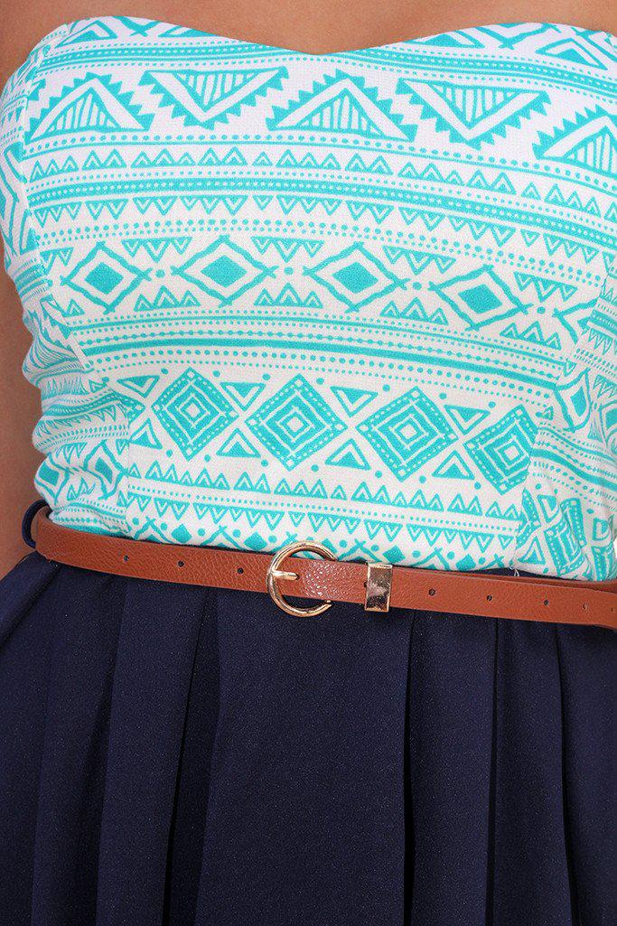 Fashionable Mint, Navy and White Short Women's Dress with a Stylish Brown Belt