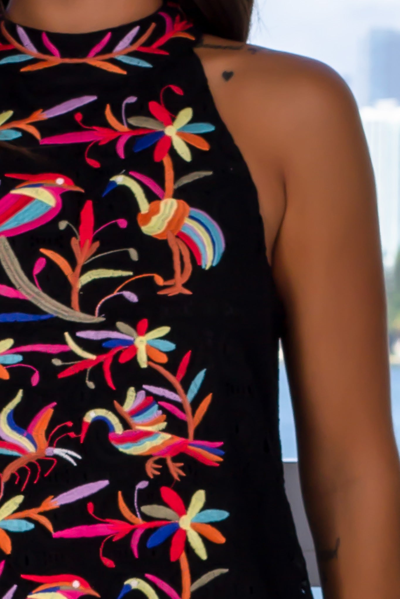 Stylish Black Short Halter Neck Dress with Floral Embroidery