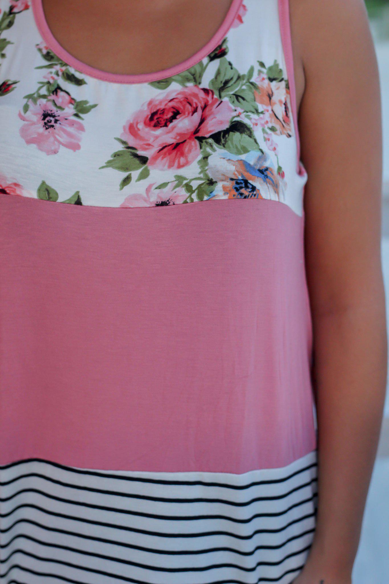 Stylish Mauve Floral and Striped Women's Tank Top