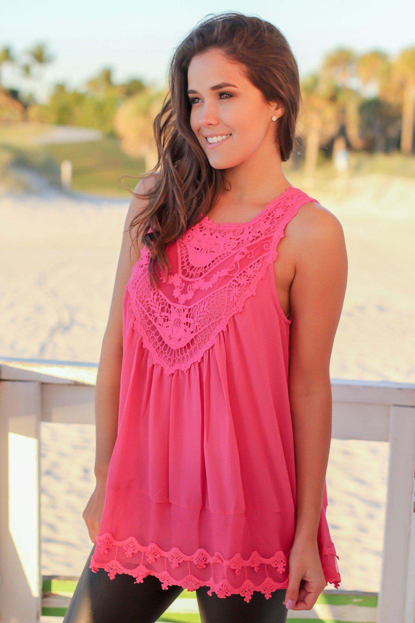 Gorgeous Hot Pink Polyester Chiffon Crochet Sleeveless Women's Top