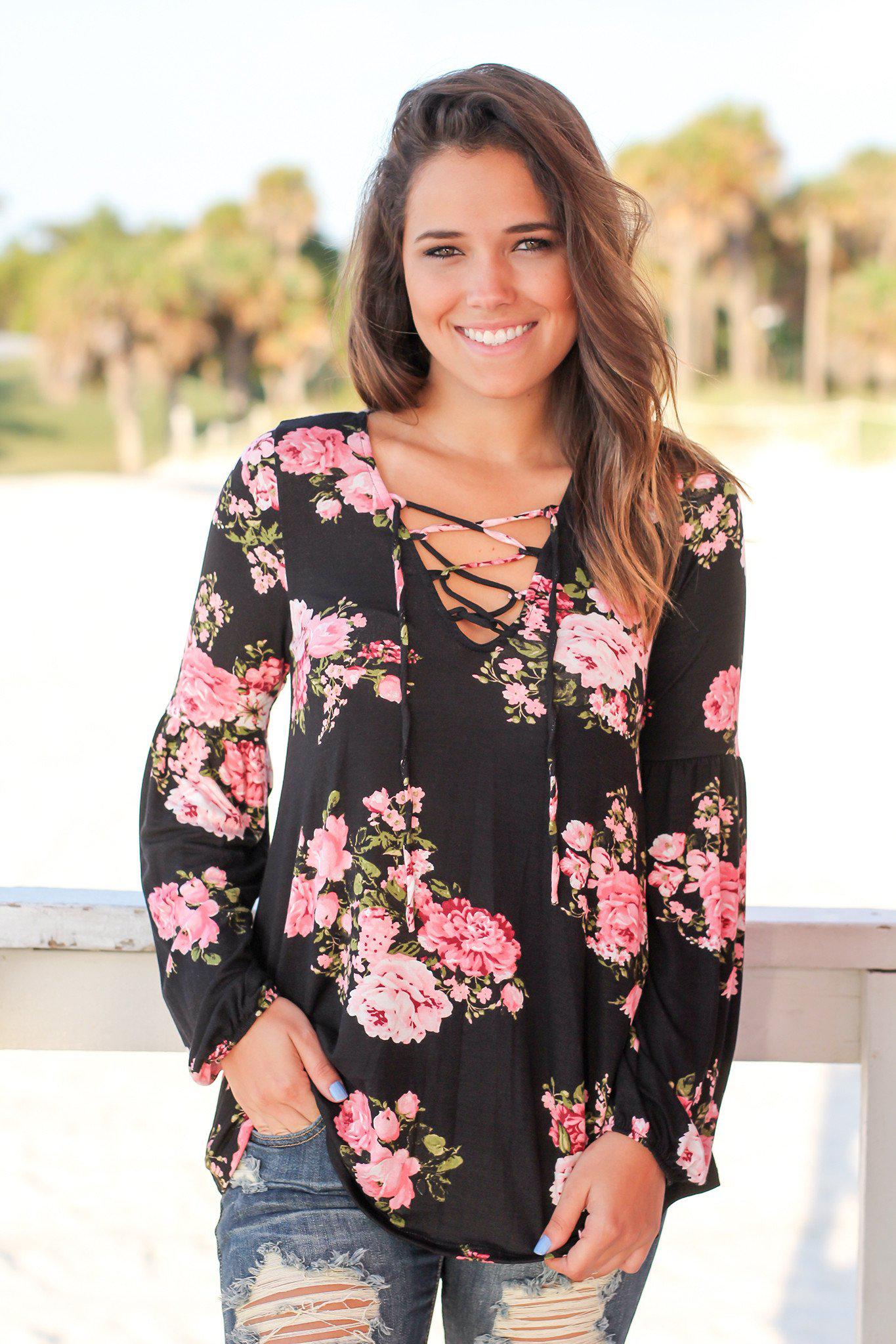 Stylish Women's Black Floral Criss Cross Long Sleeve Fashion Top