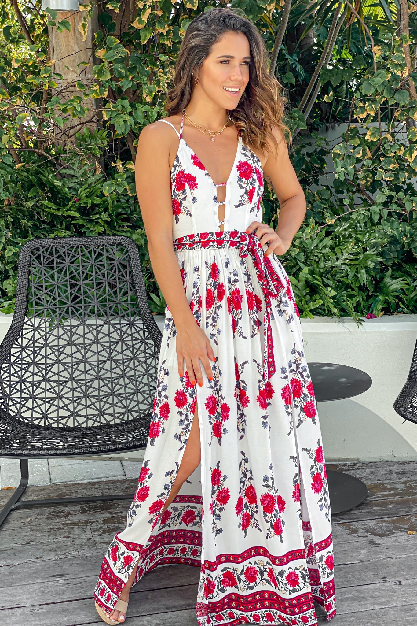 Stunning Ivory, Red and Gray Floral Print Women's Maxi Dress with Waist Self - Tie and Side Slits