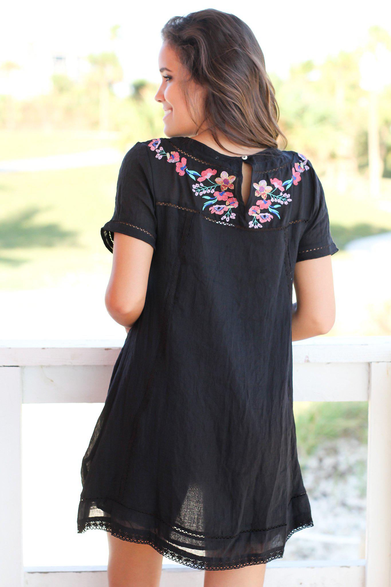 Stylish Women's Black Short Dress Adorned with Floral Embroidery