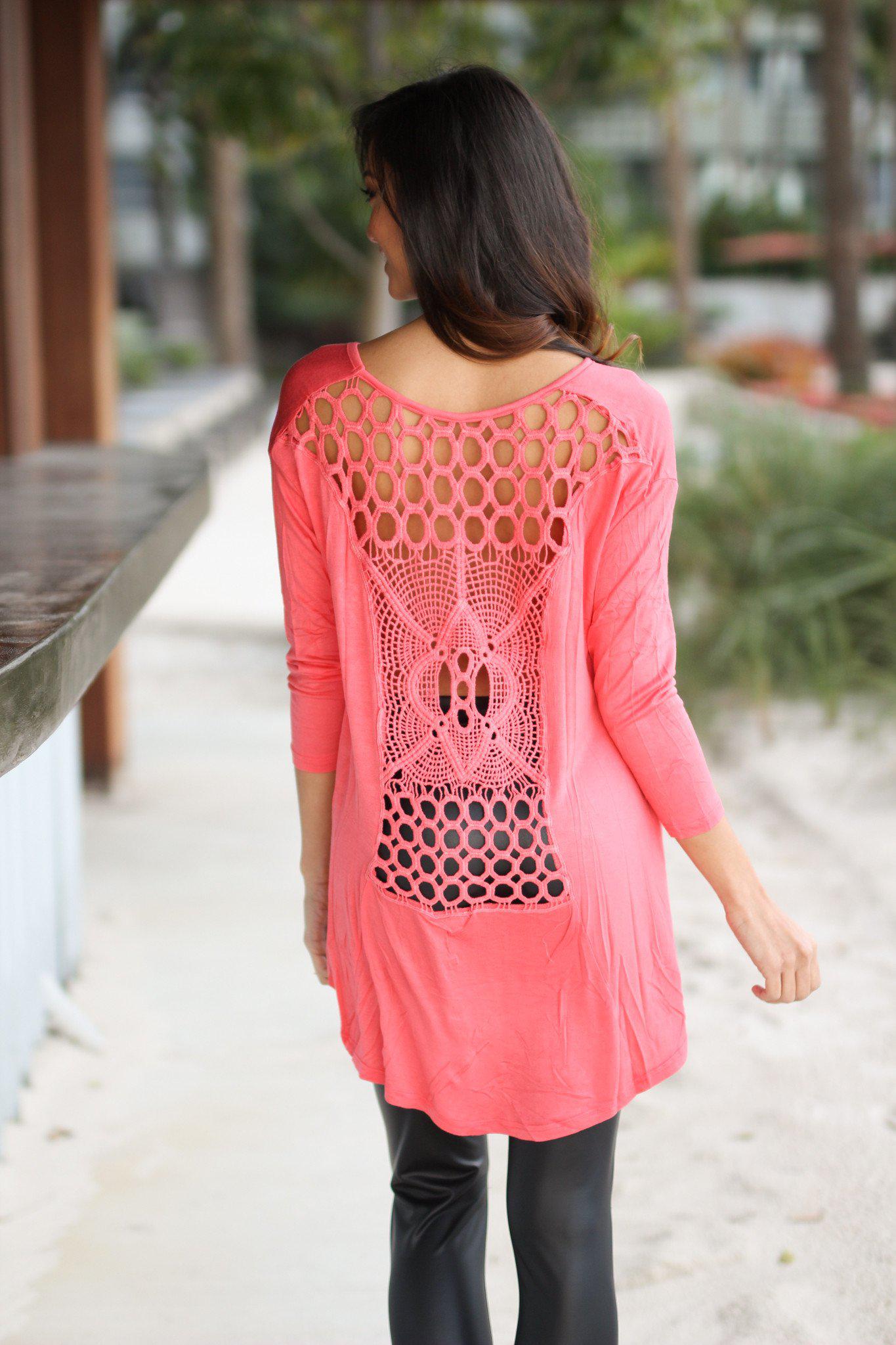 Stylish Coral Colored High-Low Crochet Back Women's Top