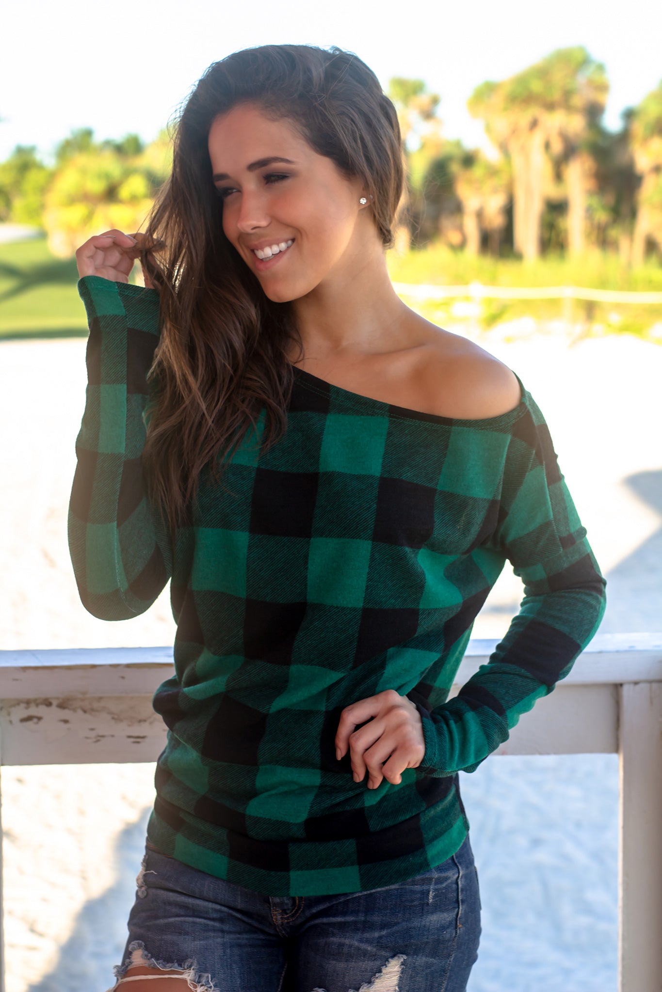 Stylish Hunter Green and Black Plaid One-Shoulder Asymmetrical Top