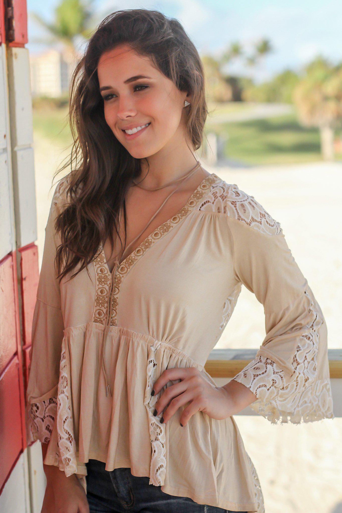 Stylish Honey Gold Crochet-Trimmed Top with Open Back Design