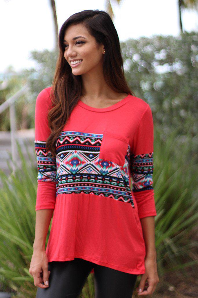 Stylish All - Year Coral Aztec Printed Lightweight Top