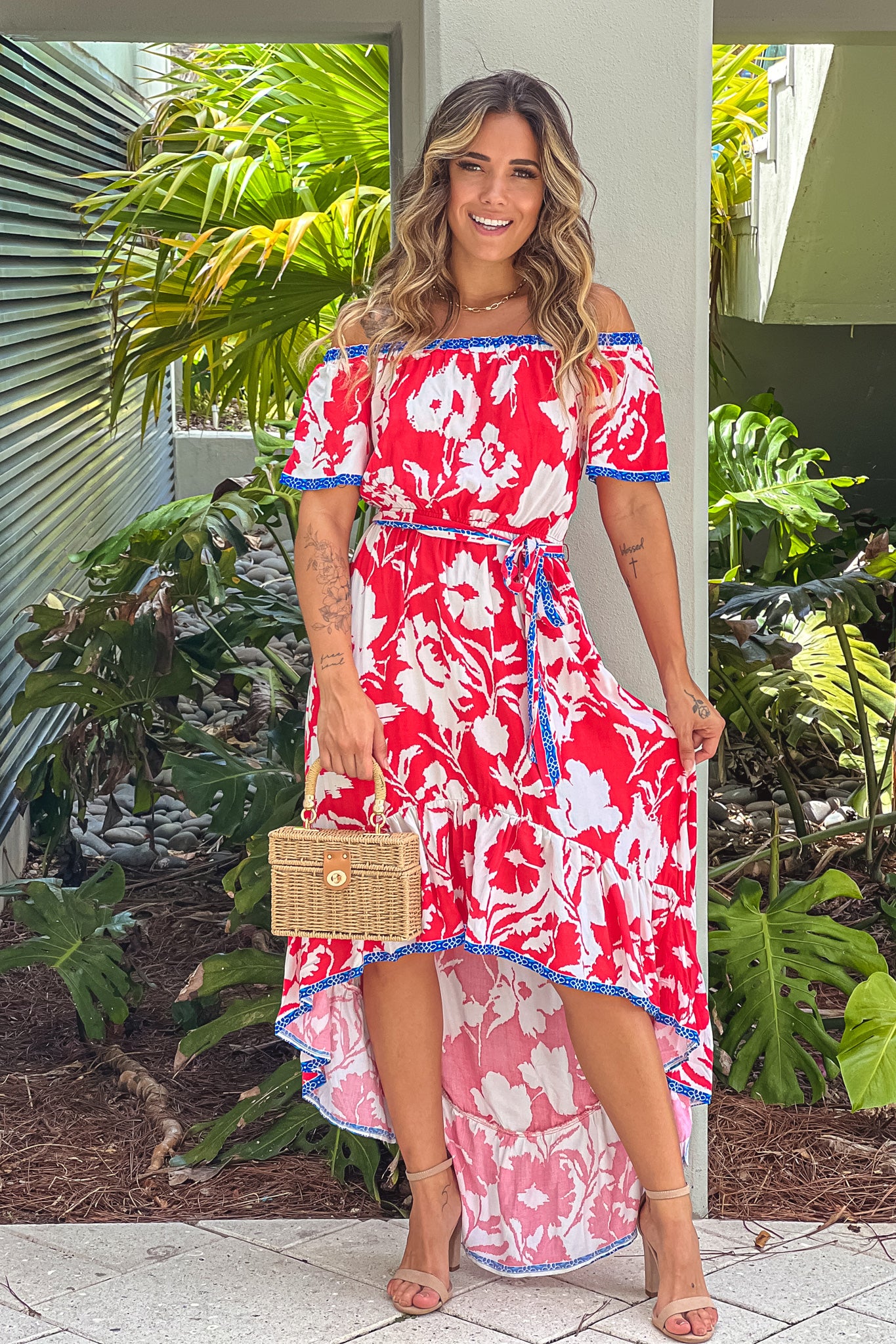 Stunning Ivory, Red & Blue Floral Off - Shoulder High Low Printed Dress