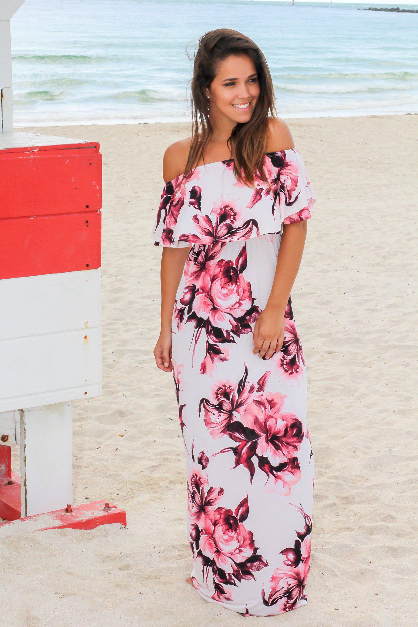 Stunning Ivory and Red Floral Off - Shoulder Long Maxi Dress