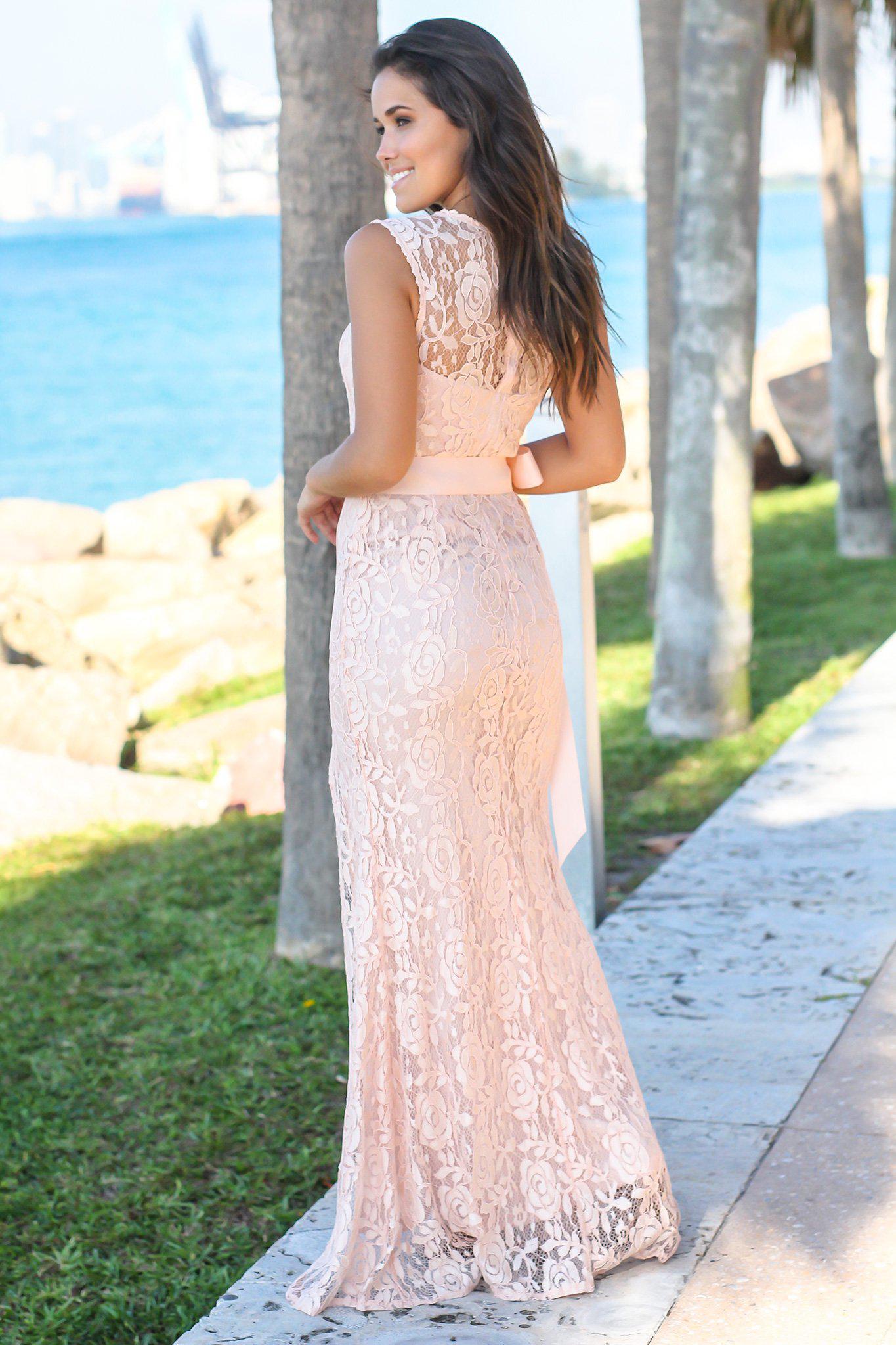 Gorgeous Blush Colored Lace Tie - Waist Maxi Dress for Special Occasions