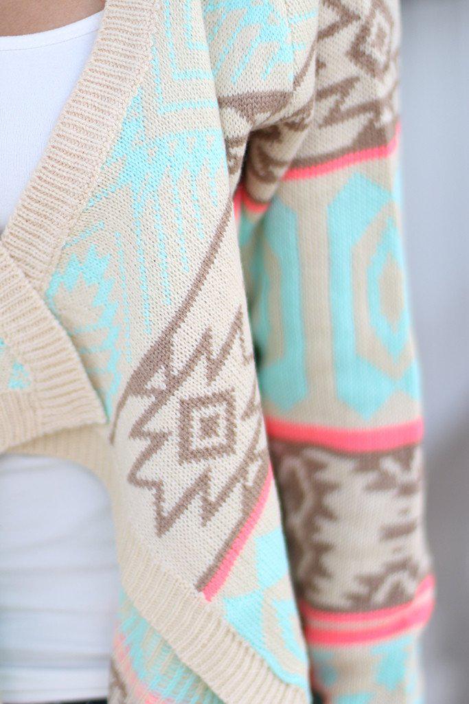 Stylish Cream and Neon Pink Long Knitted Cardigan for Winter