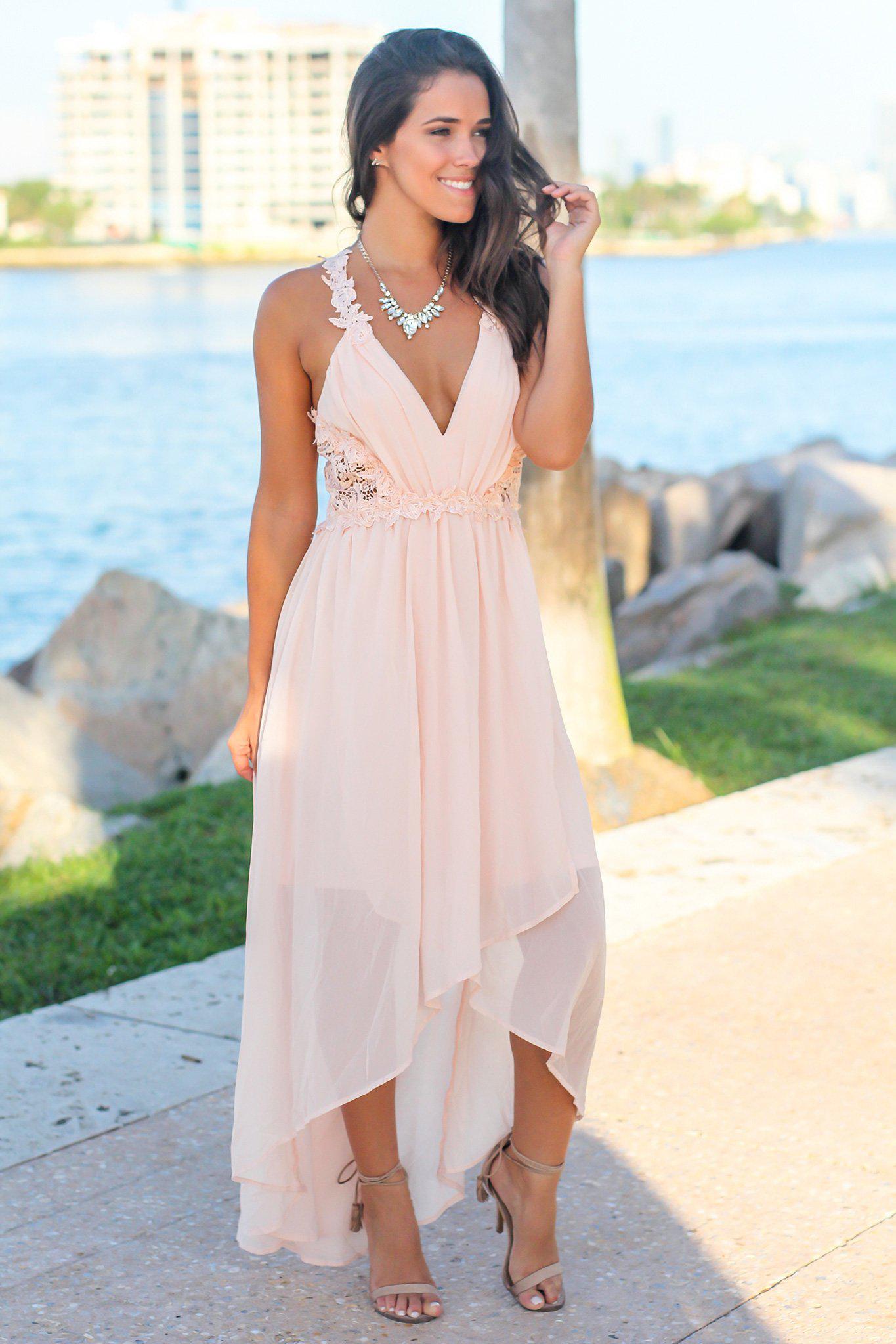 Stylish Blush Maxi Dress with Crochet Cut - Out High - Low Design