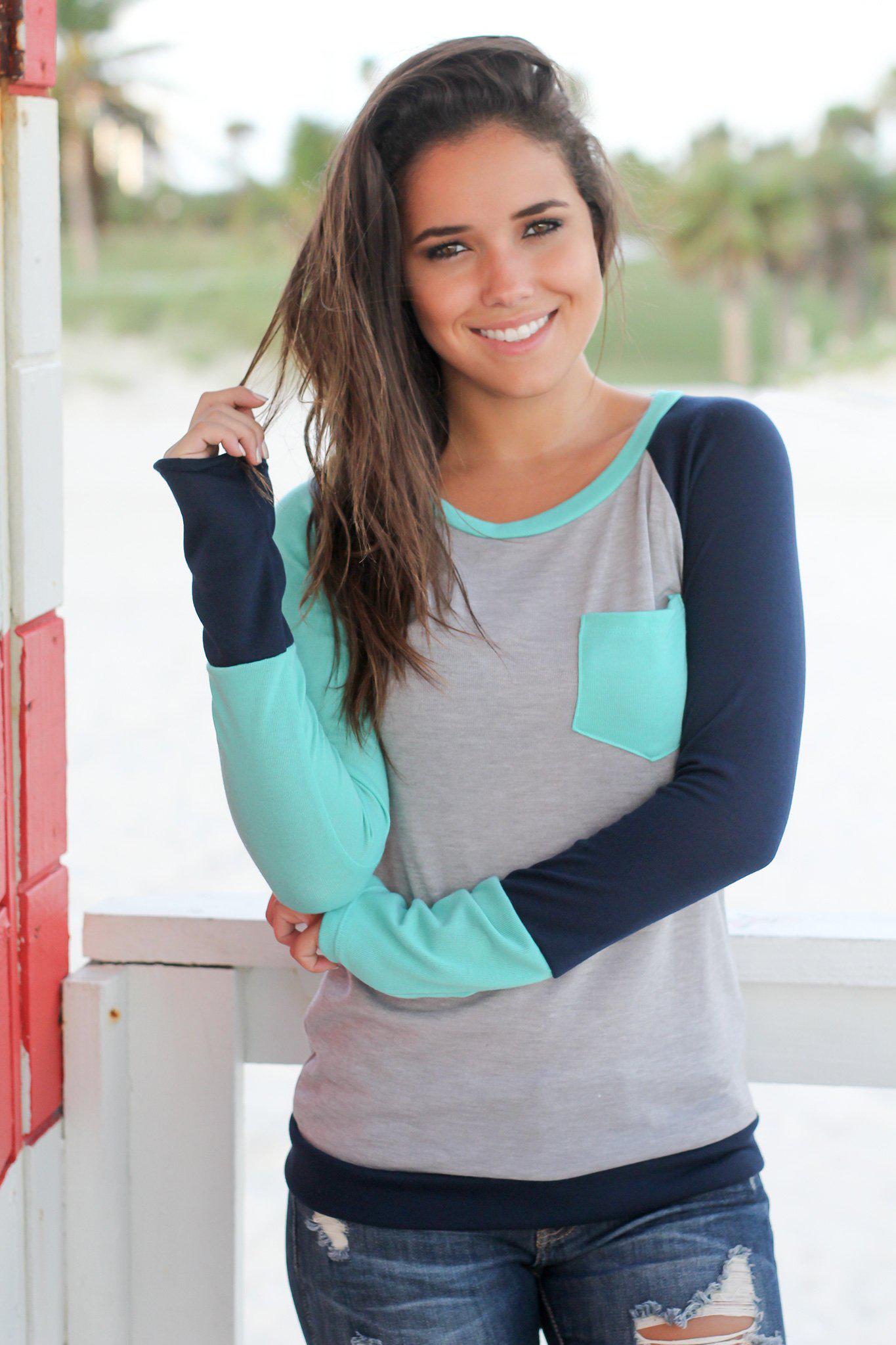 Stylish Mint, Navy and Gray Long Sleeve Color - Blocked Top