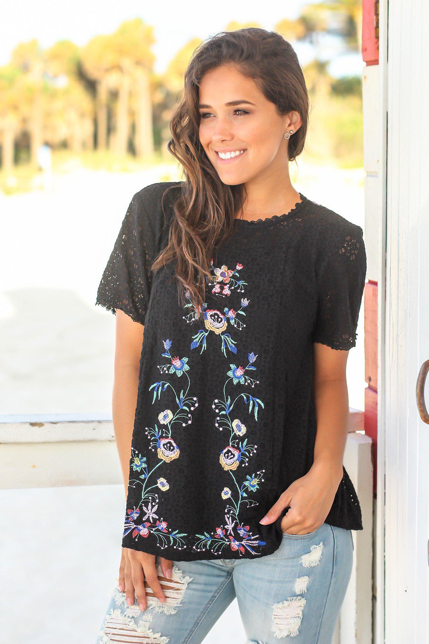 Stylish Women's Black Lace Embroidered Fashion Top