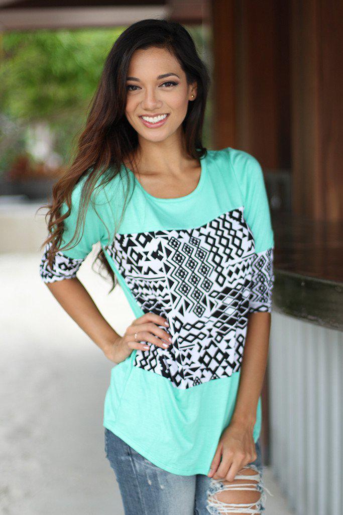 Stunning Mint Aztec Print Top with Adorable Sleeve Details