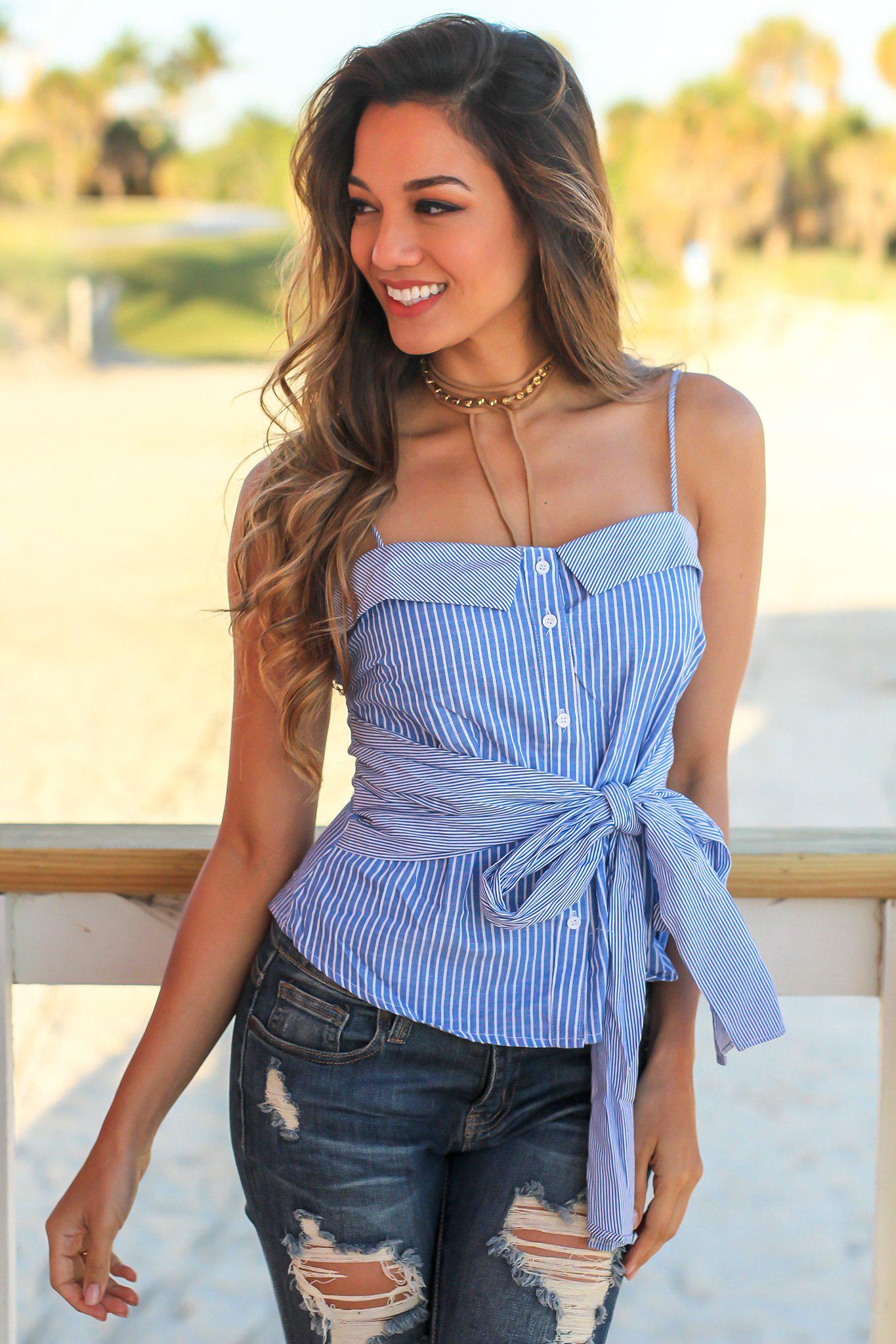Stylish Blue Striped Sleeveless Button-Down Top with Self-Tie Front