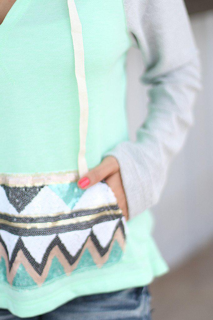 Stylish Mint and Gray Sequined Hooded Sweater for Winter