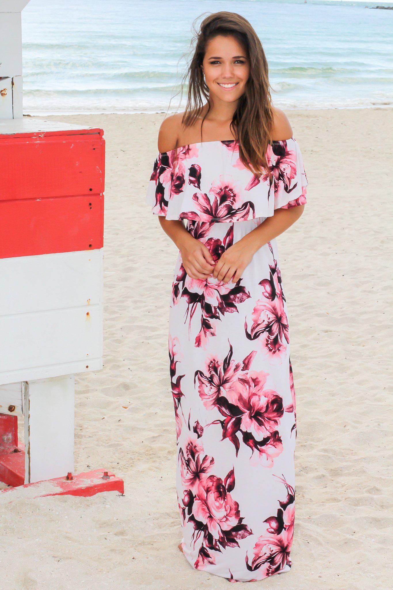 Stunning Ivory and Red Floral Off - Shoulder Long Maxi Dress