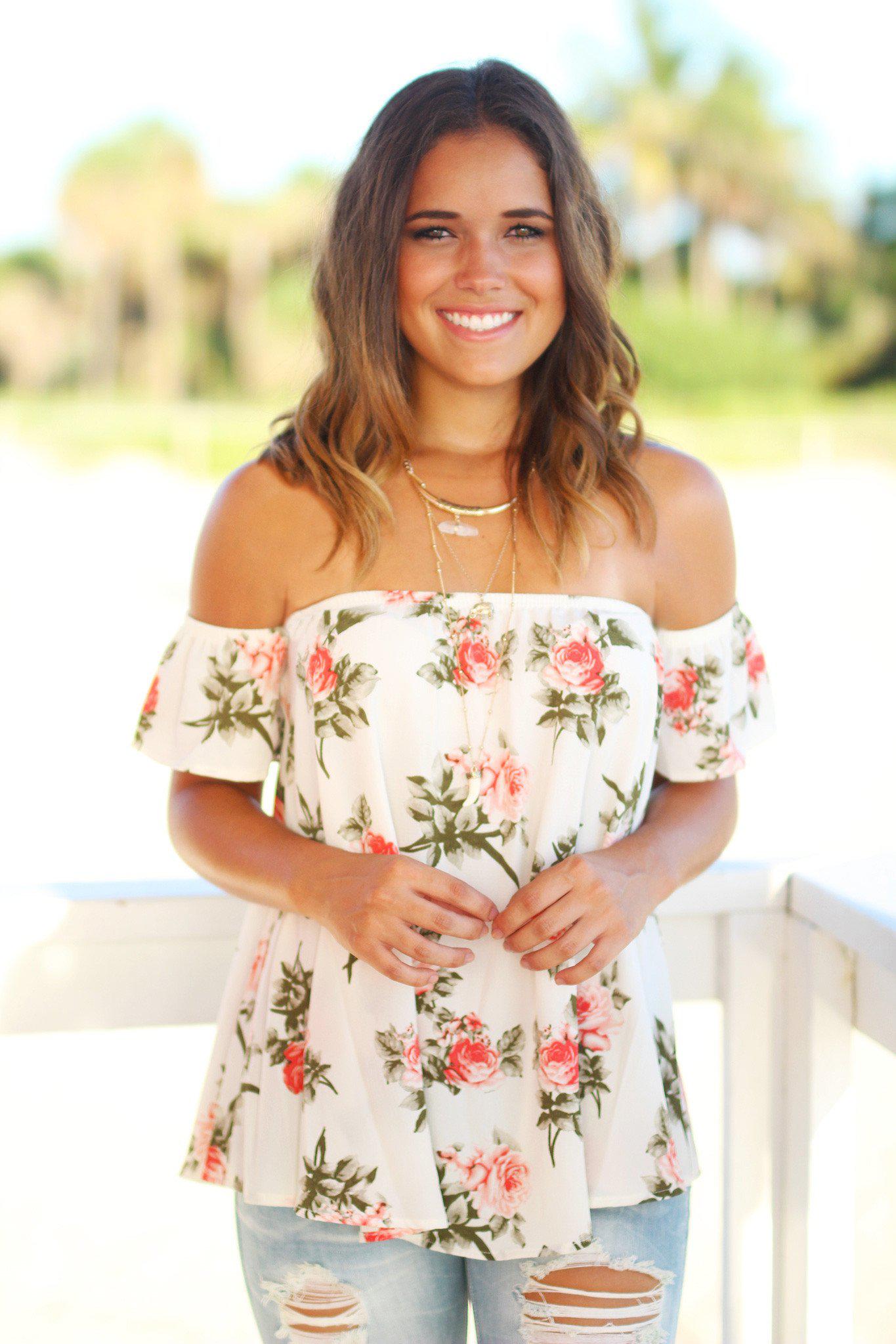 Cream Colored Floral Off-the-Shoulder Women's Fashion Top