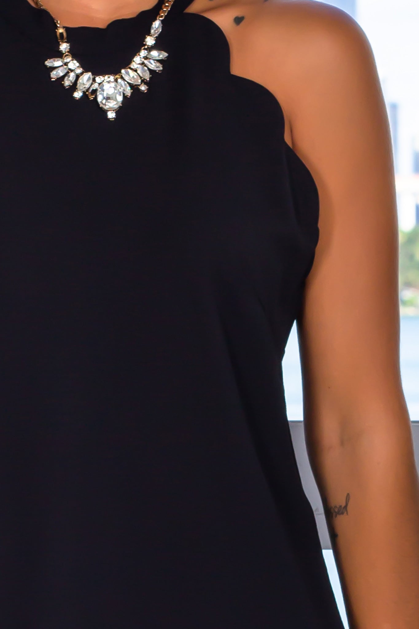 Stylish Black Short Dress with Scalloped Design