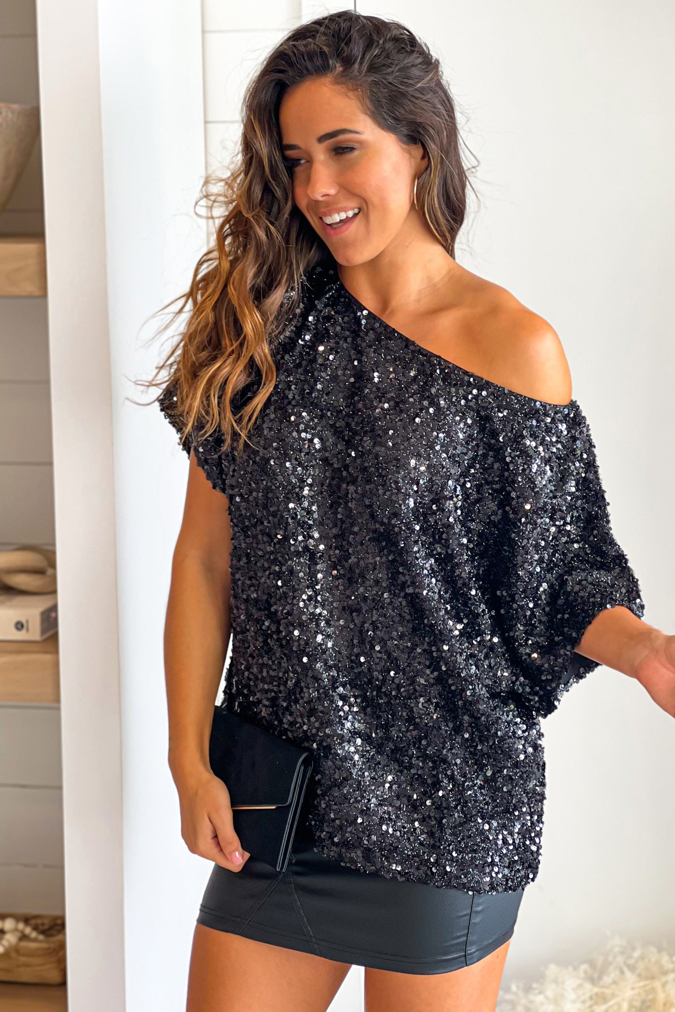 Gorgeous Black Sequin Wide Neck Women's Top for Special Occasions