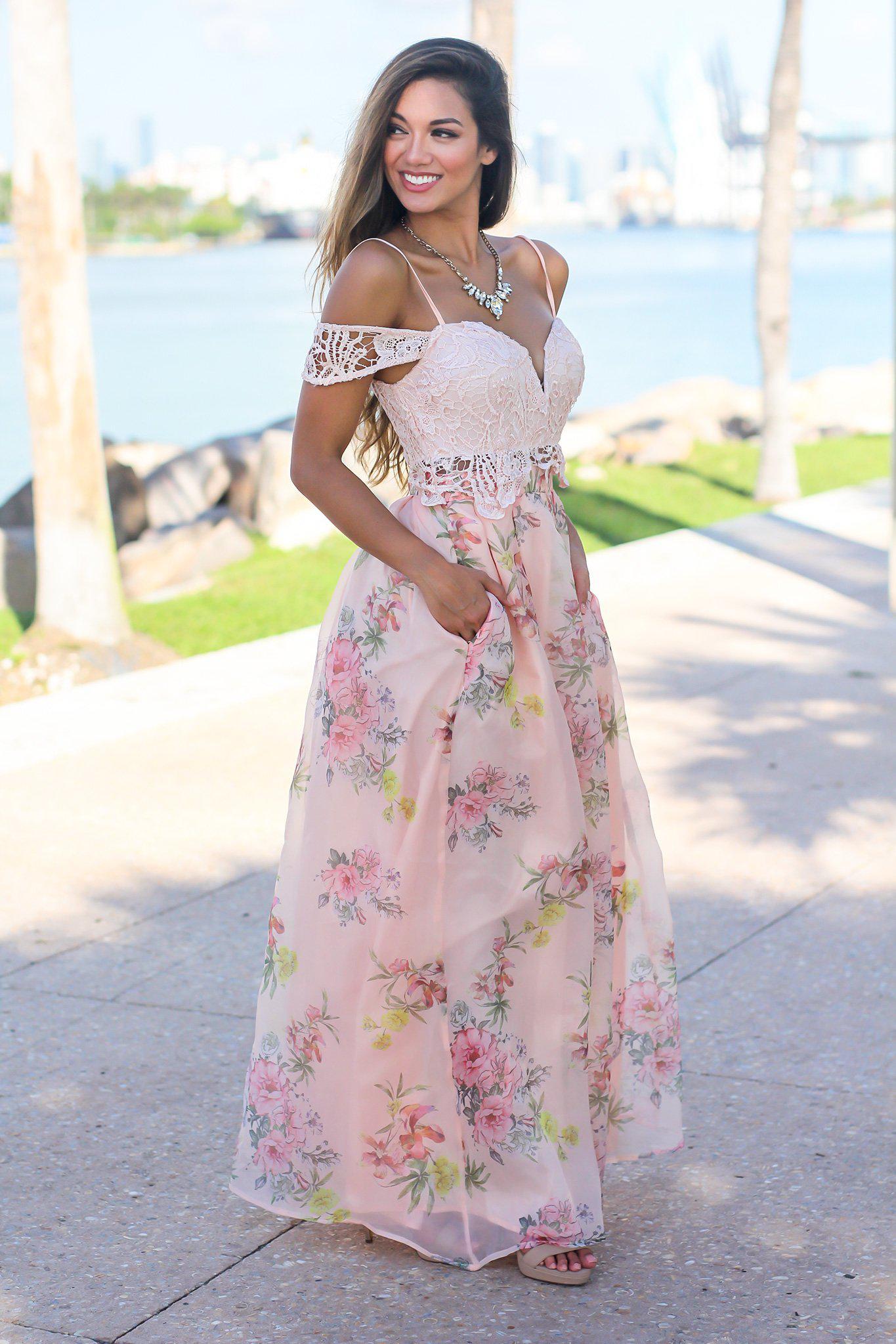 Elegant Blush-Colored Crochet Top Floral-Printed Women's Maxi Dress