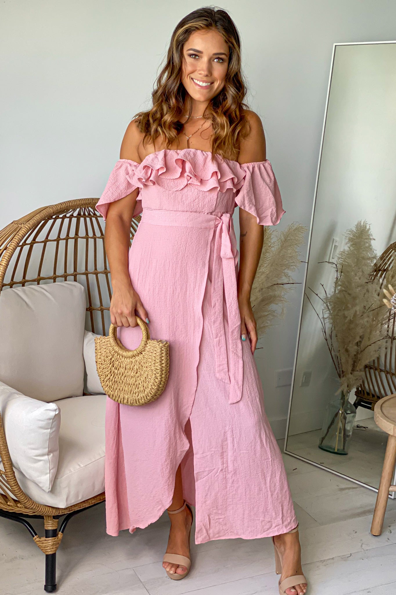 Stylish Mauve Off-Shoulder Ruffled Wrap Dress for Summer