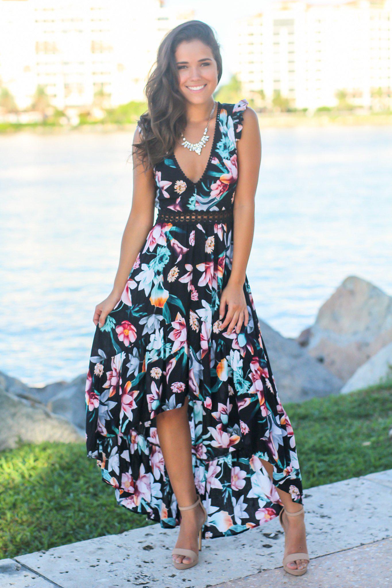 Stunning Black Floral High Low Women's Dress Featuring Crochet Open Back Design