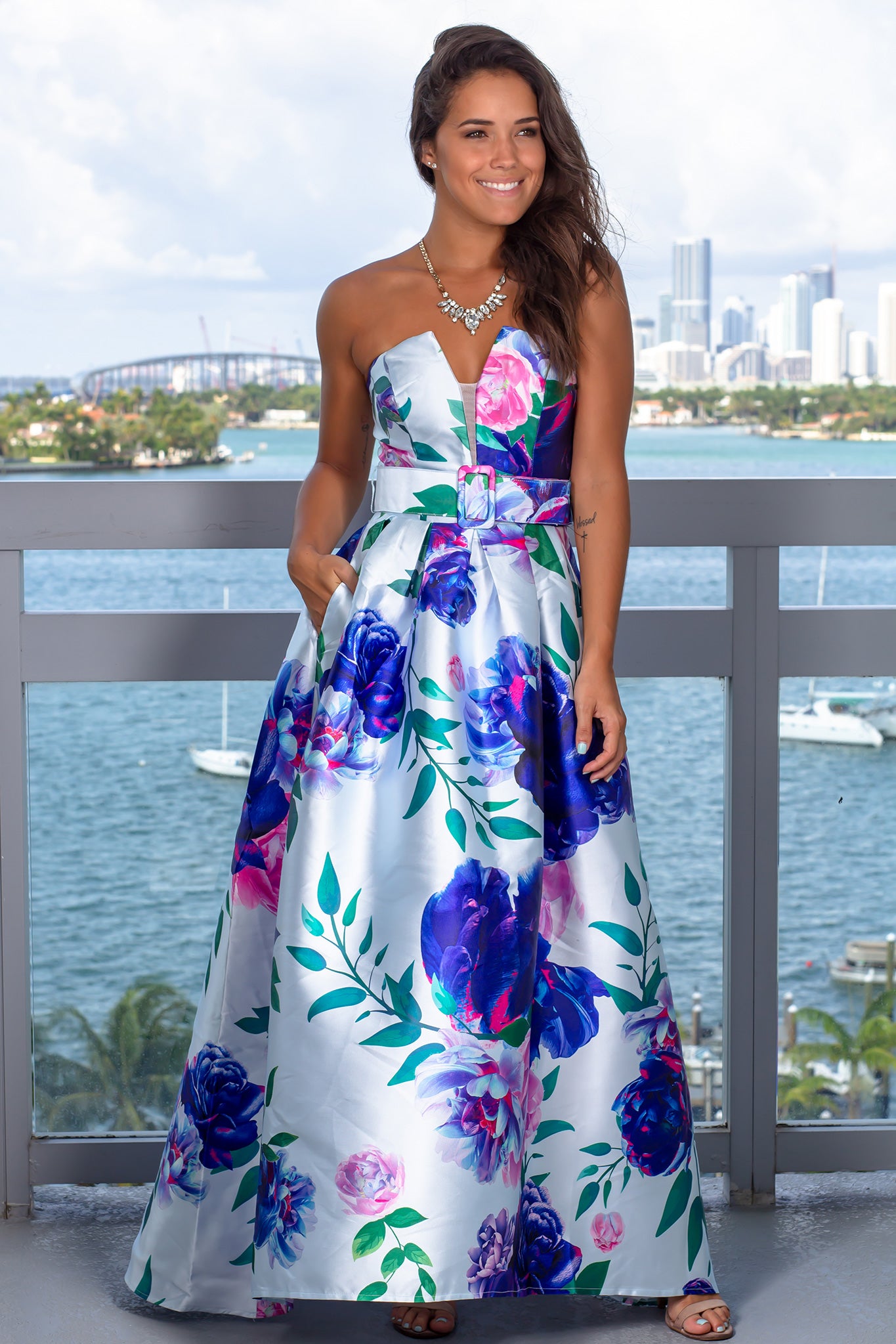 Stylish Belted Blue Floral Strapless Maxi Dress for Summer