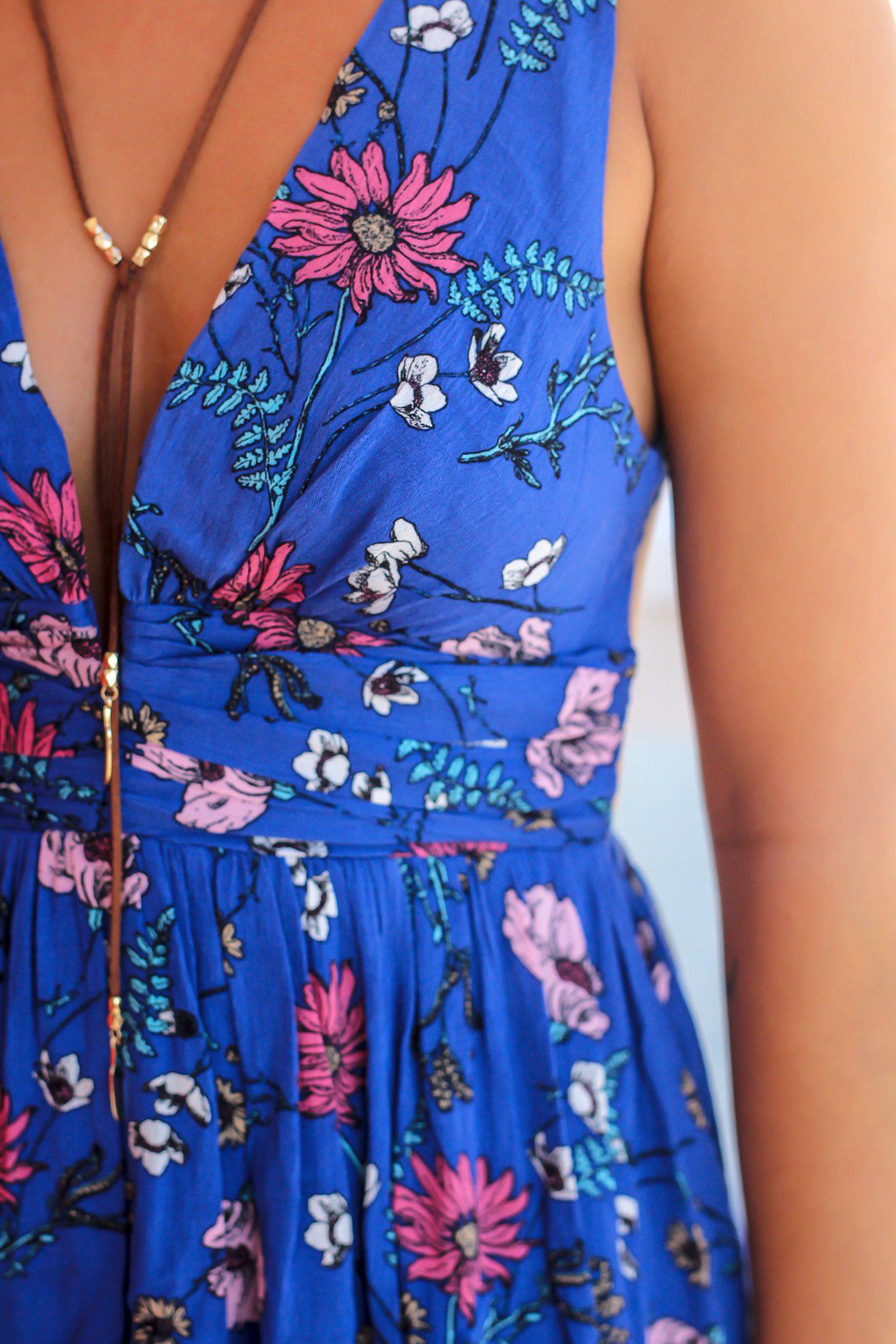 Adorable Short Dusty Blue Floral Dress with Crochet Back Detail