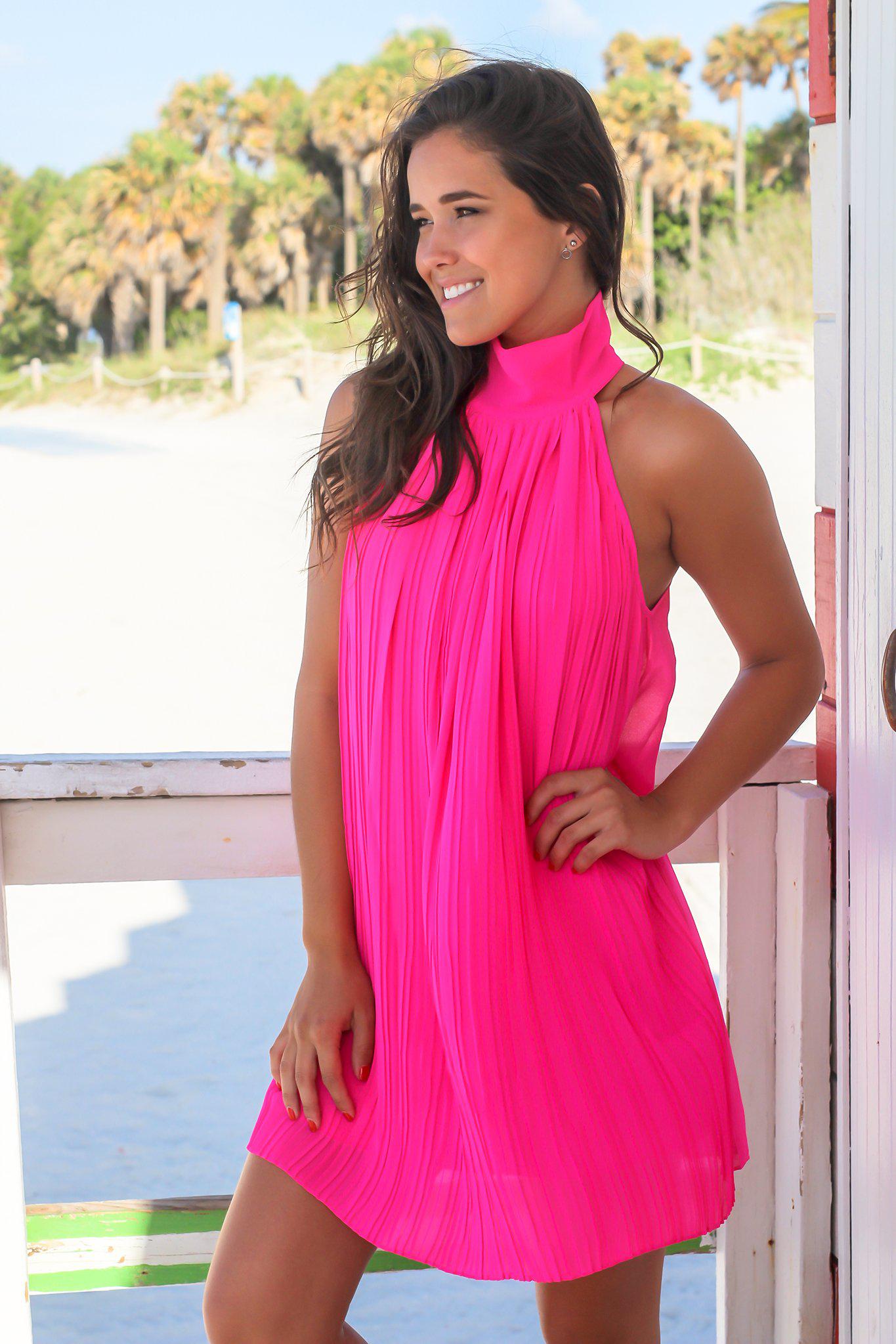 Stunning Hot Pink High Neck Pleated Women's Short Dress