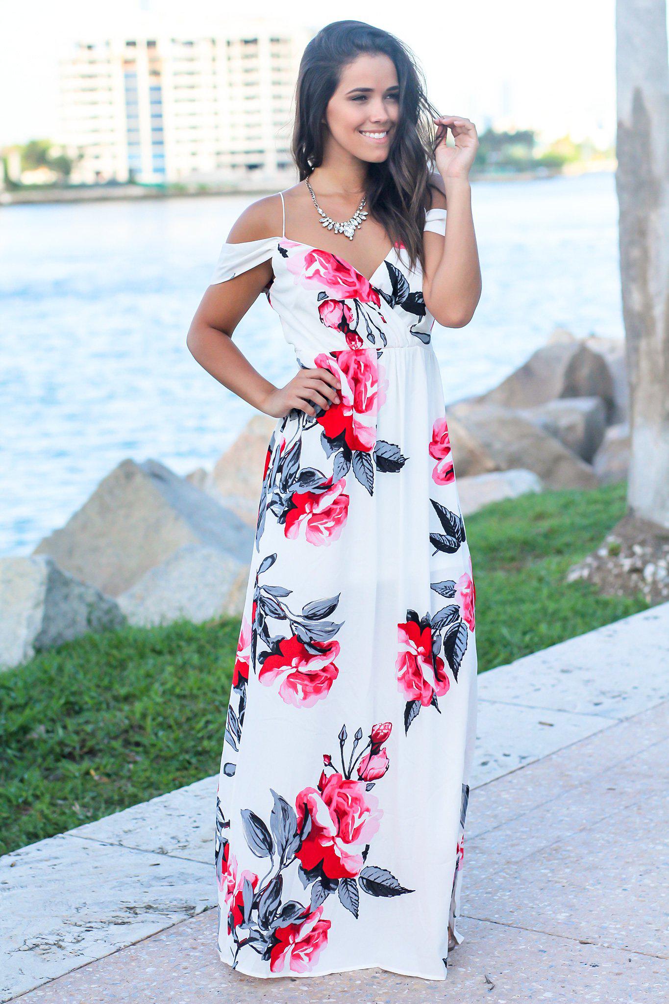Stunning Ivory and Red Floral Cold - Shoulder Open - Back Maxi Dress