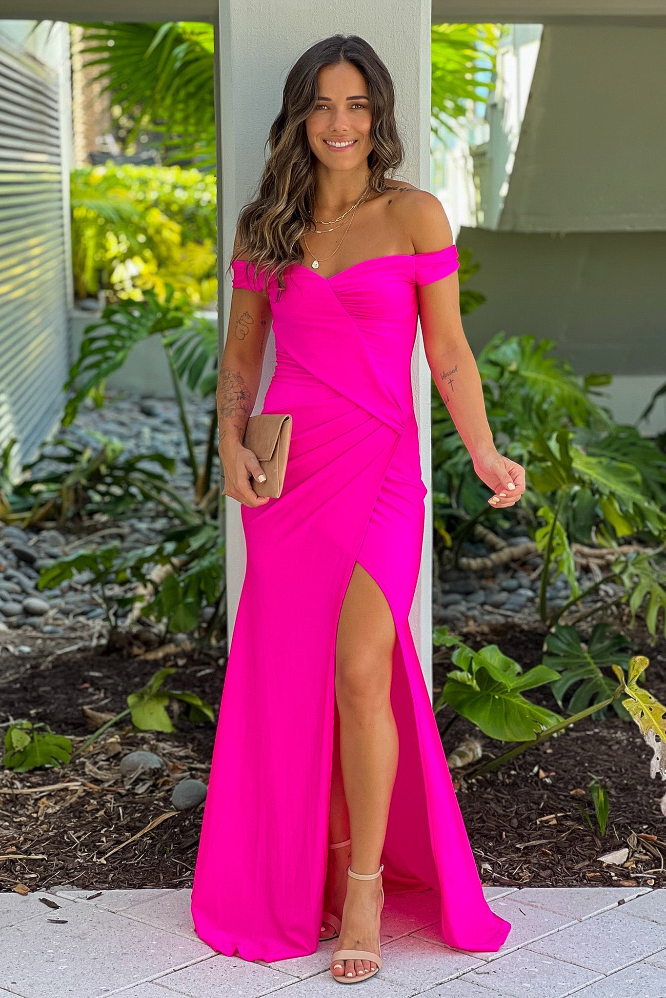 Gorgeous Hot Pink Sleeveless Off - Shoulder Maxi Dress with Slit