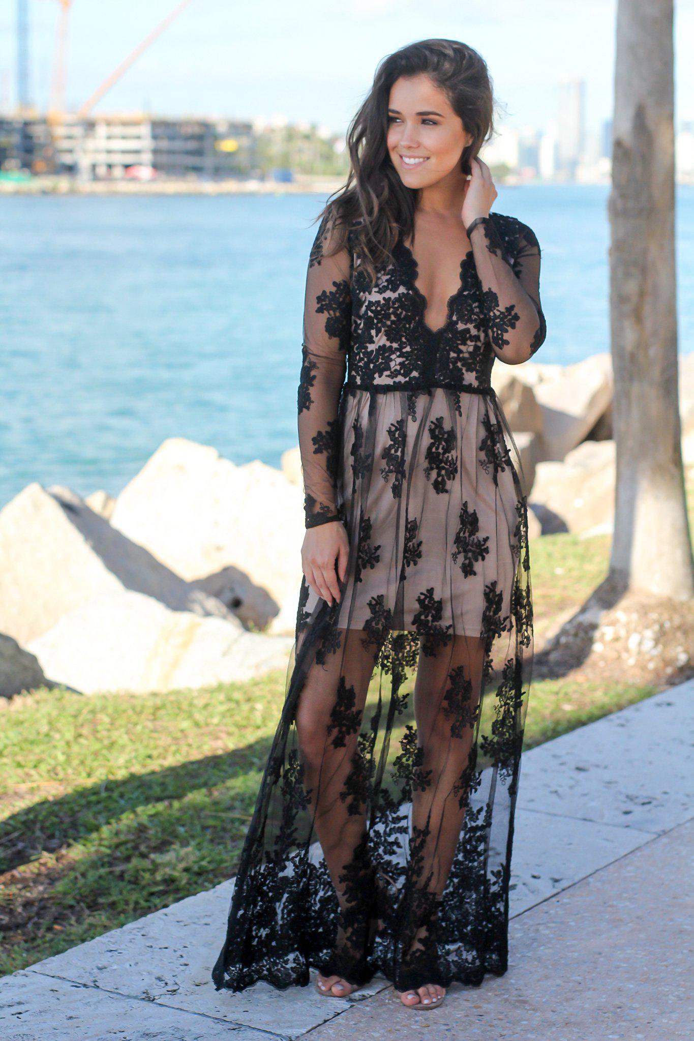 Stunning Long-Sleeved Black Embroidered Maxi Dress