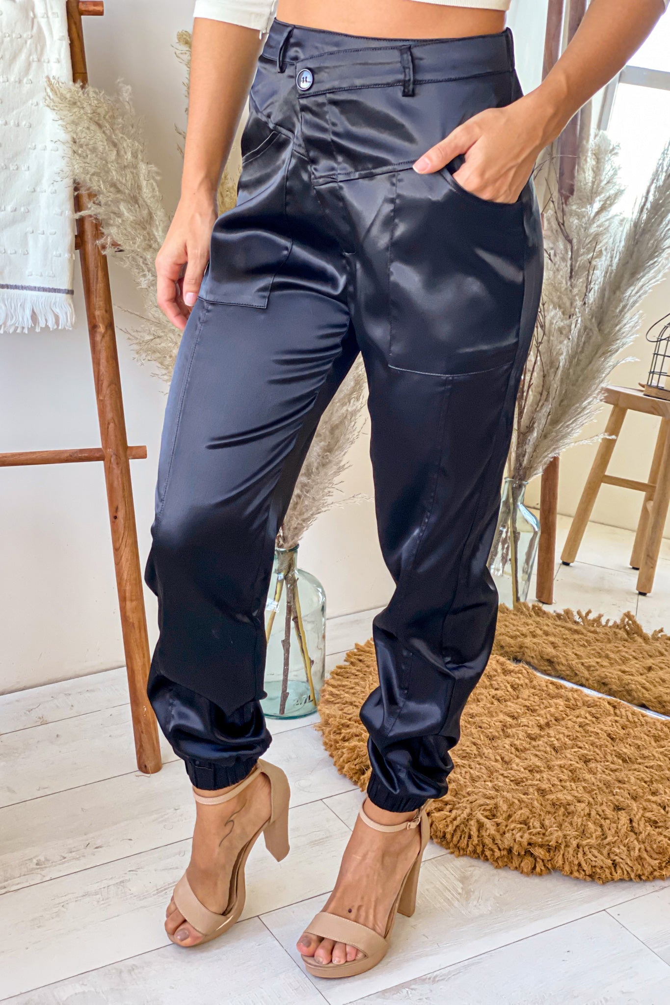 Stylish Black Satin Asymmetrical Elastic - Waist Joggers